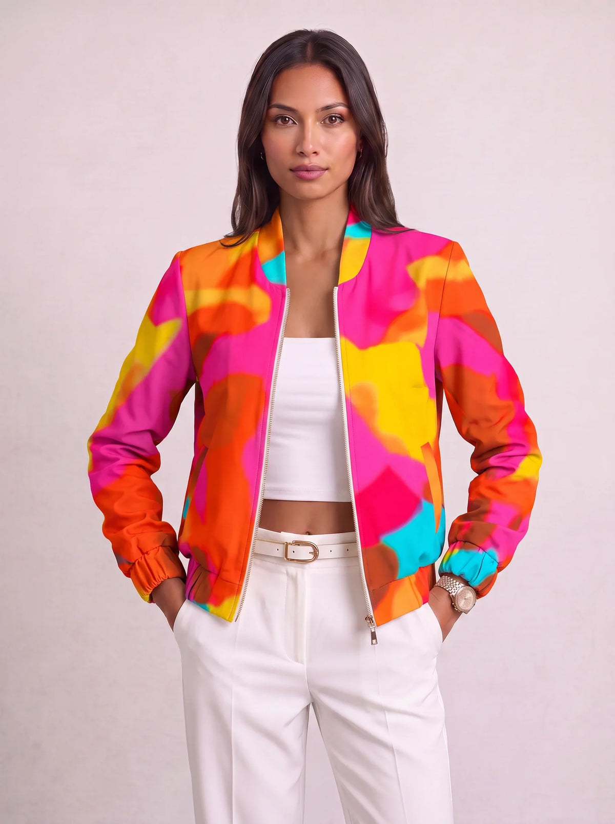 Women's Baroque Print Zip Bomber Jacket – Oversized Winter Streetwear-Solatiq