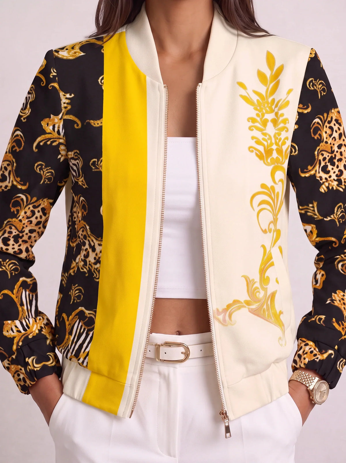 Women's Baroque Print Zip Bomber Jacket – Oversized Winter Streetwear-Solatiq