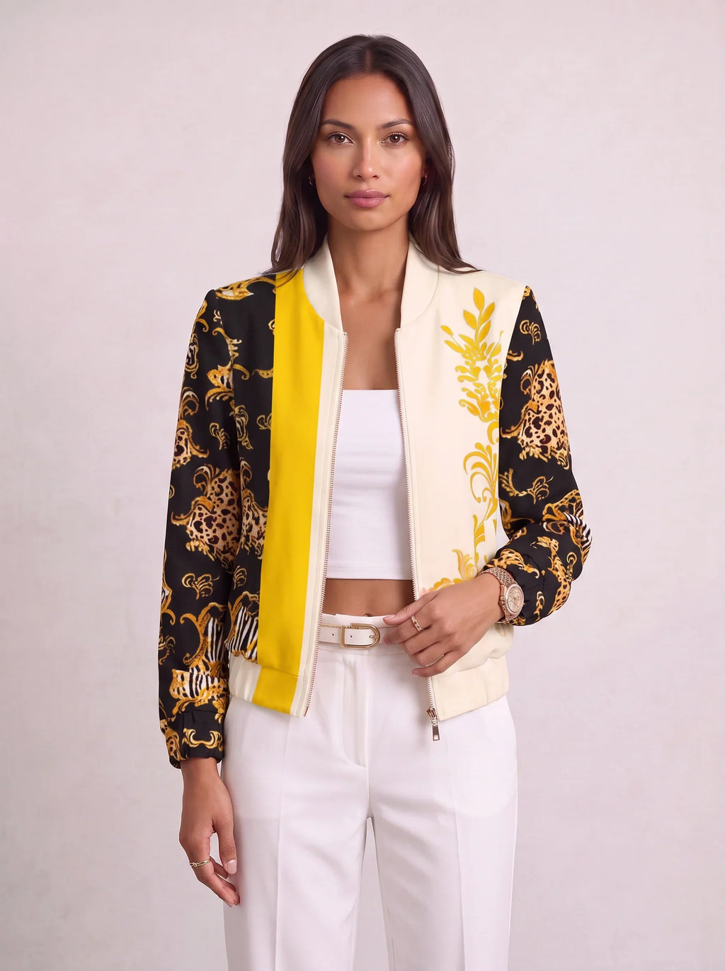 Women's Baroque Print Zip Bomber Jacket – Oversized Winter Streetwear-Solatiq