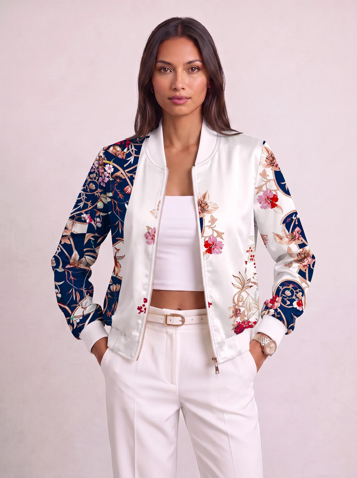 Women's Baroque Print Zip Bomber Jacket – Oversized Winter Streetwear-Solatiq