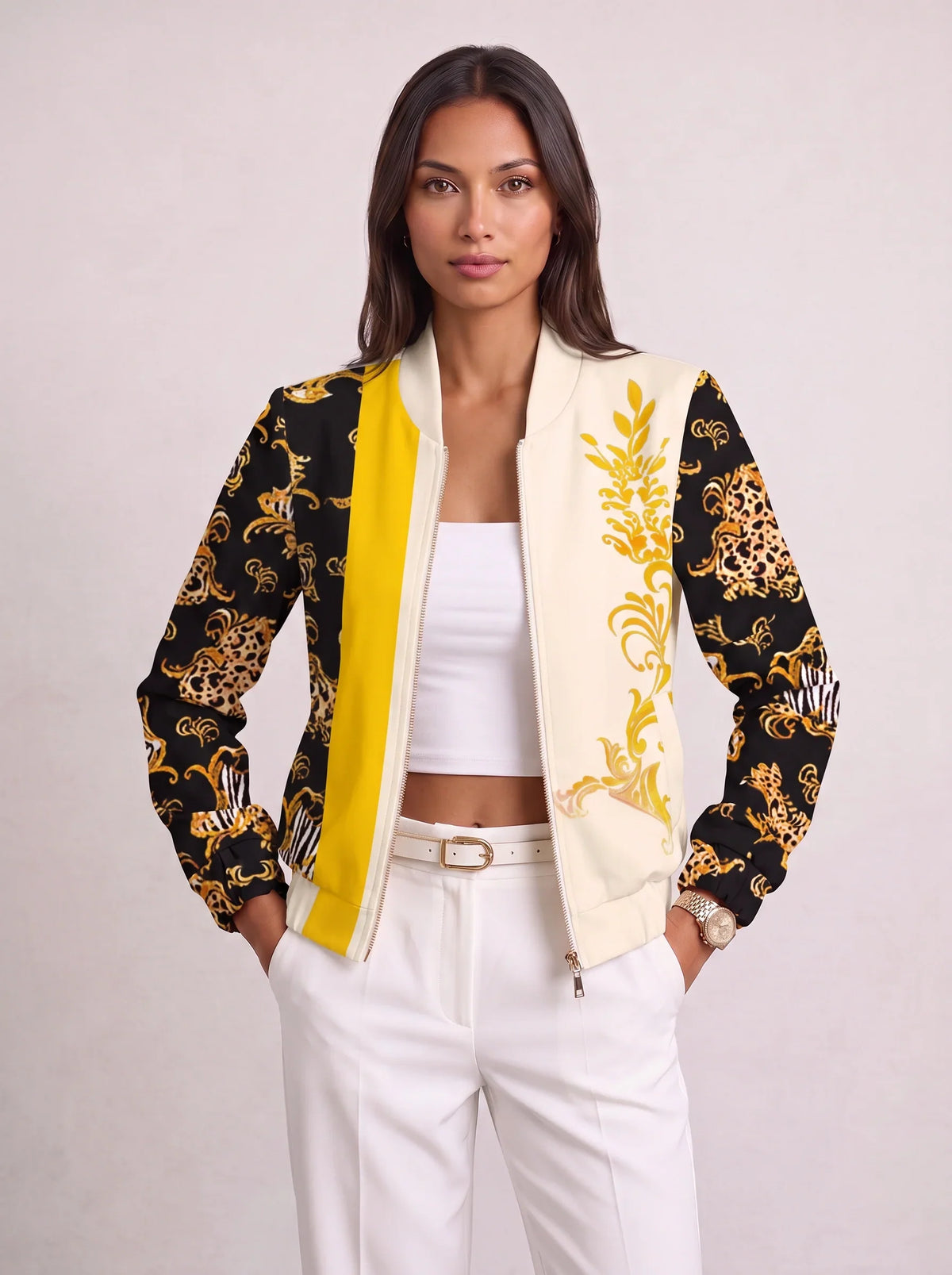 Women's Baroque Print Zip Bomber Jacket – Oversized Winter Streetwear-Solatiq