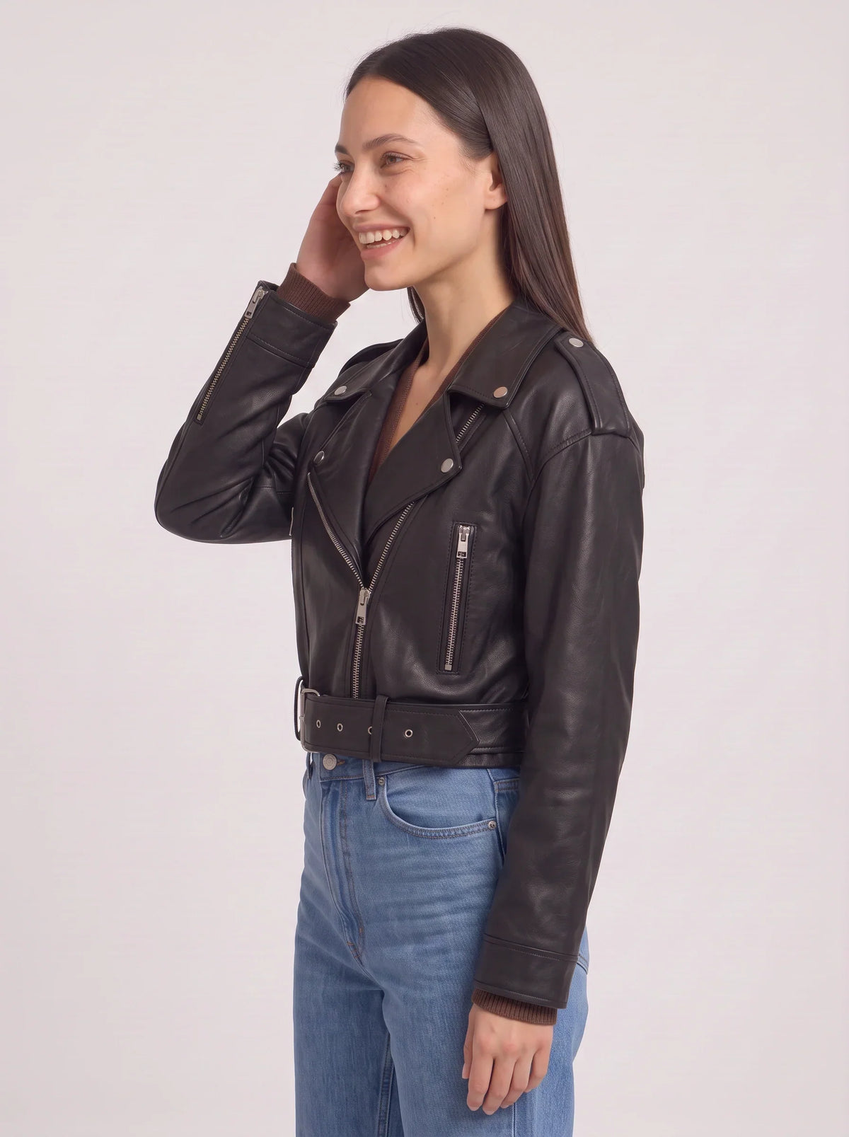 Women's Belted Moto Leather Jacket - Cropped Oversized Biker Style-Solatiq