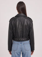 Women's Belted Moto Leather Jacket - Cropped Oversized Biker Style-Solatiq