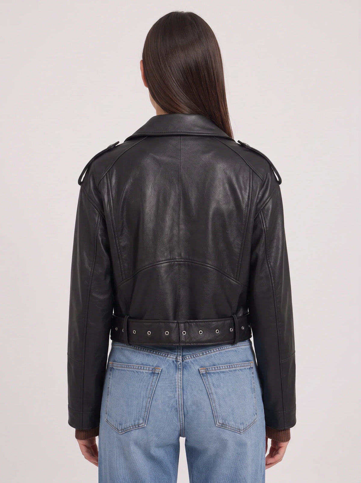 Women's Belted Moto Leather Jacket - Cropped Oversized Biker Style-Solatiq