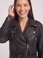 Women's Belted Moto Leather Jacket - Cropped Oversized Biker Style-Solatiq
