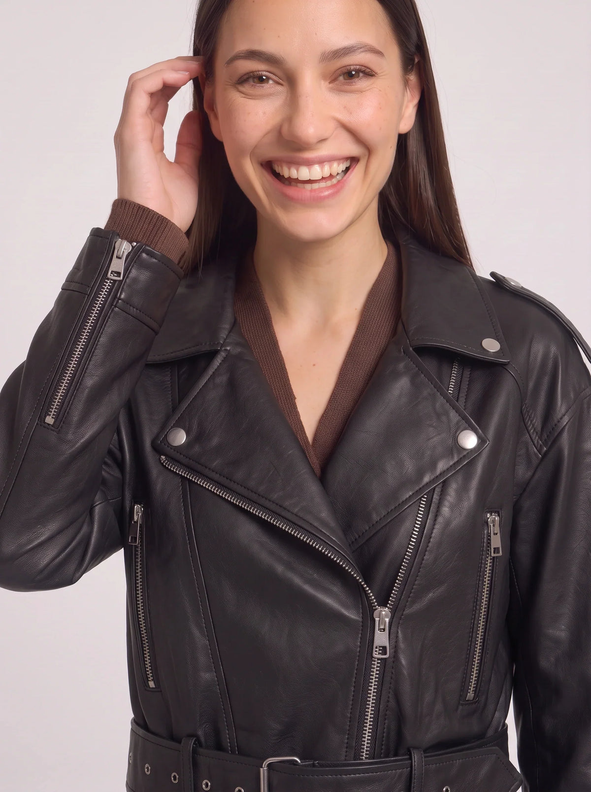 Women's Belted Moto Leather Jacket - Cropped Oversized Biker Style-Solatiq