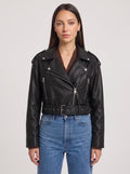 Women's Belted Moto Leather Jacket - Cropped Oversized Biker Style-Solatiq