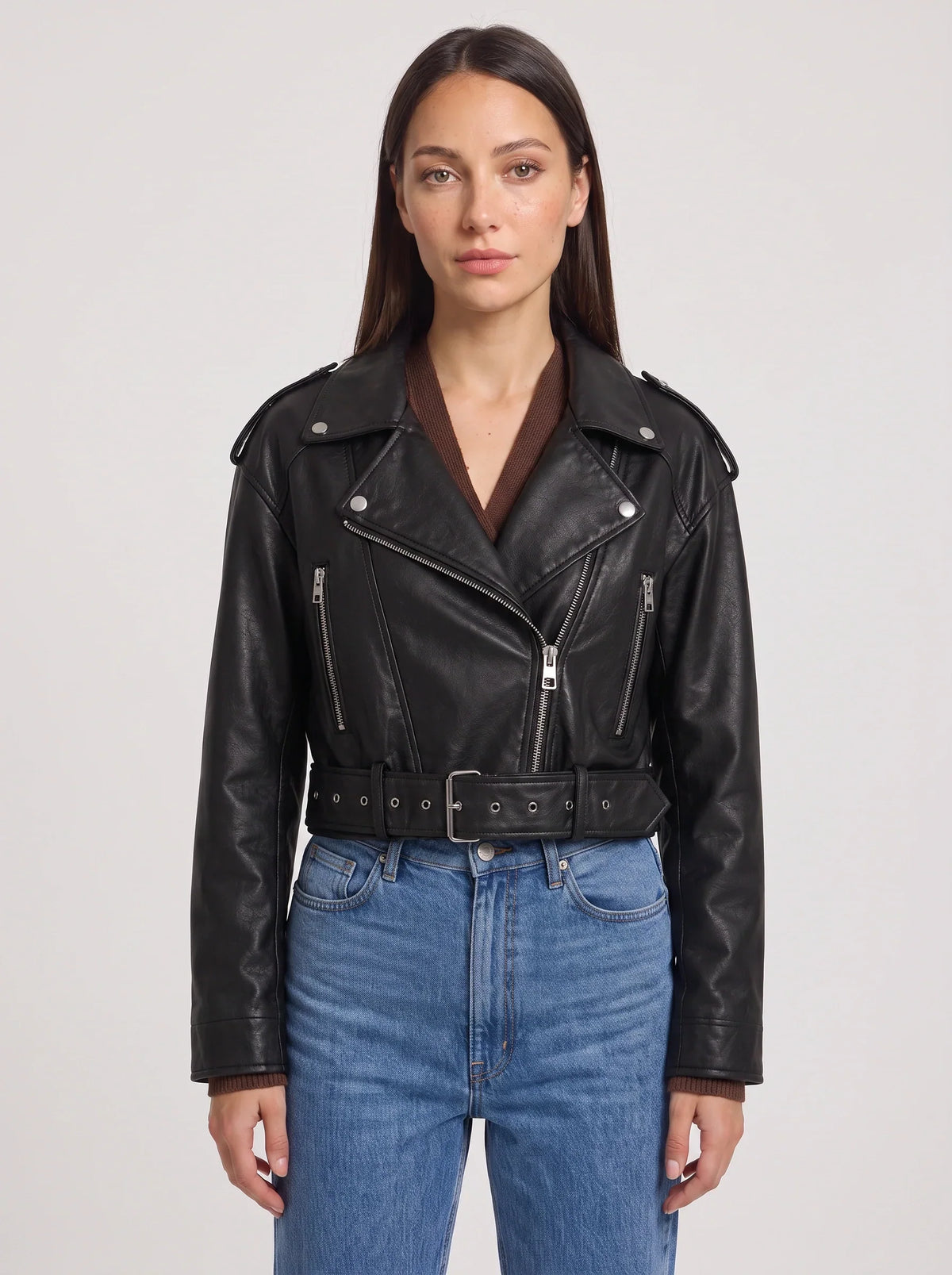 Women's Belted Moto Leather Jacket - Cropped Oversized Biker Style-Solatiq