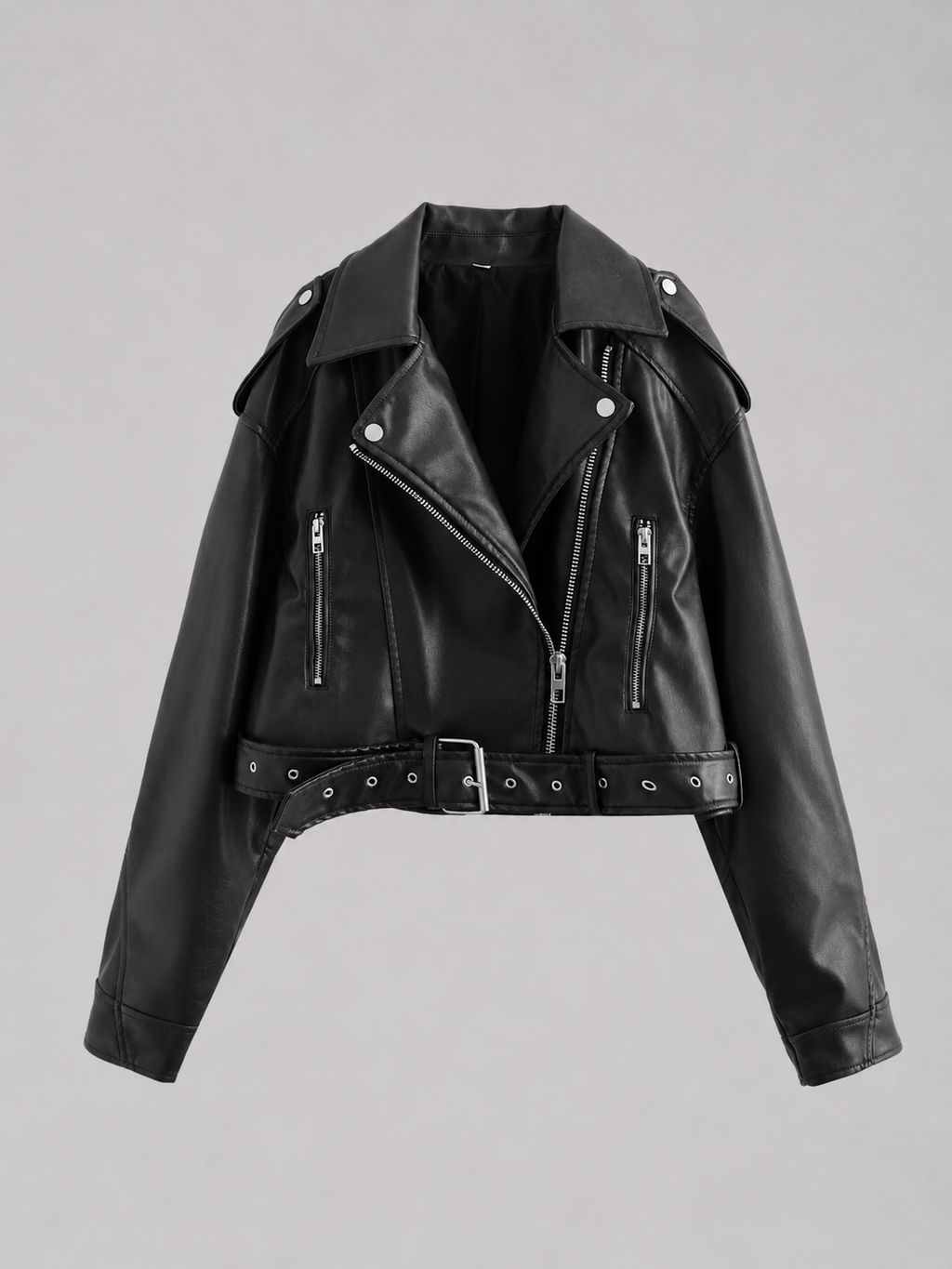 Women's Belted Moto Leather Jacket - Cropped Oversized Biker Style-Solatiq
