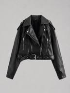 Women's Belted Moto Leather Jacket - Cropped Oversized Biker Style-Solatiq