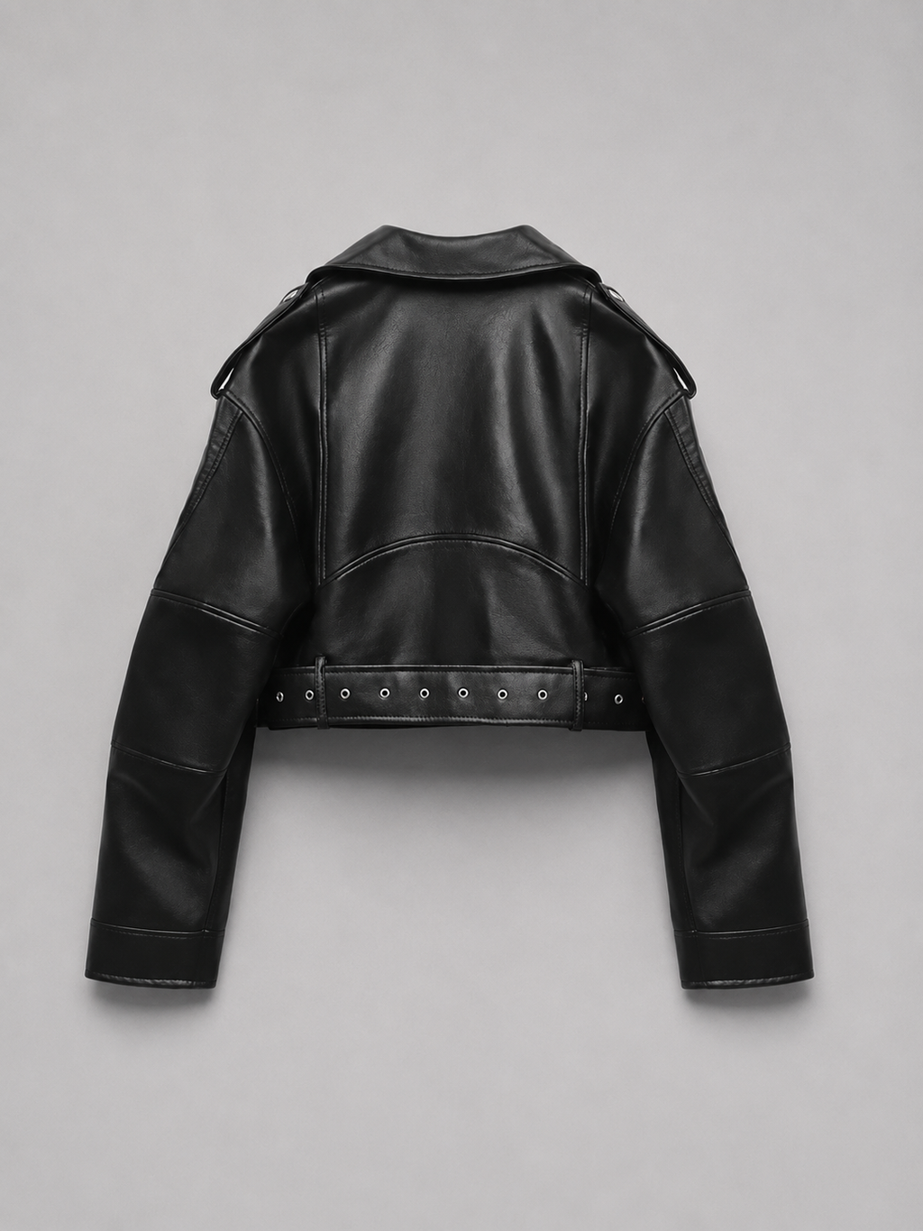 Women's Belted Moto Leather Jacket - Cropped Oversized Biker Style-Solatiq