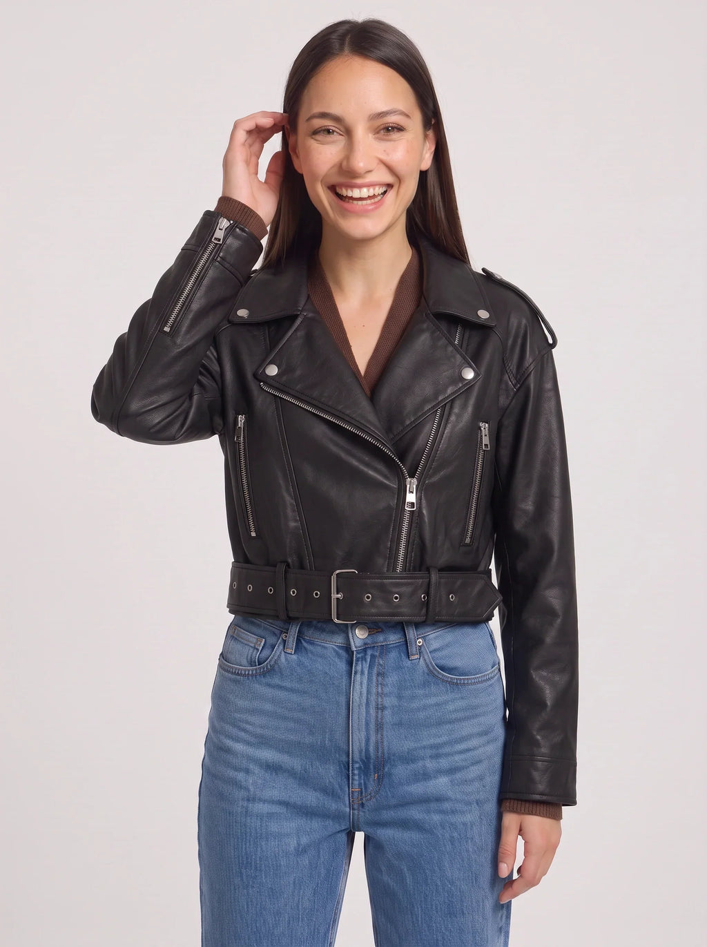 Women's Belted Moto Leather Jacket - Cropped Oversized Biker Style-Solatiq
