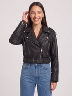 Women's Belted Moto Leather Jacket - Cropped Oversized Biker Style-Solatiq