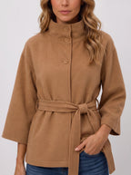 Women's Funnel Neck Belted Cape Jacket-Solatiq