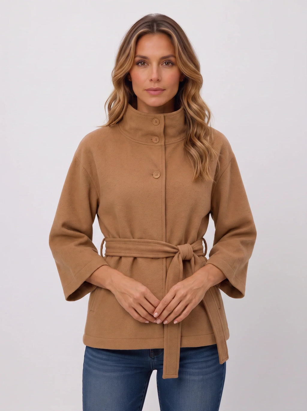 Women's Funnel Neck Belted Cape Jacket-Solatiq