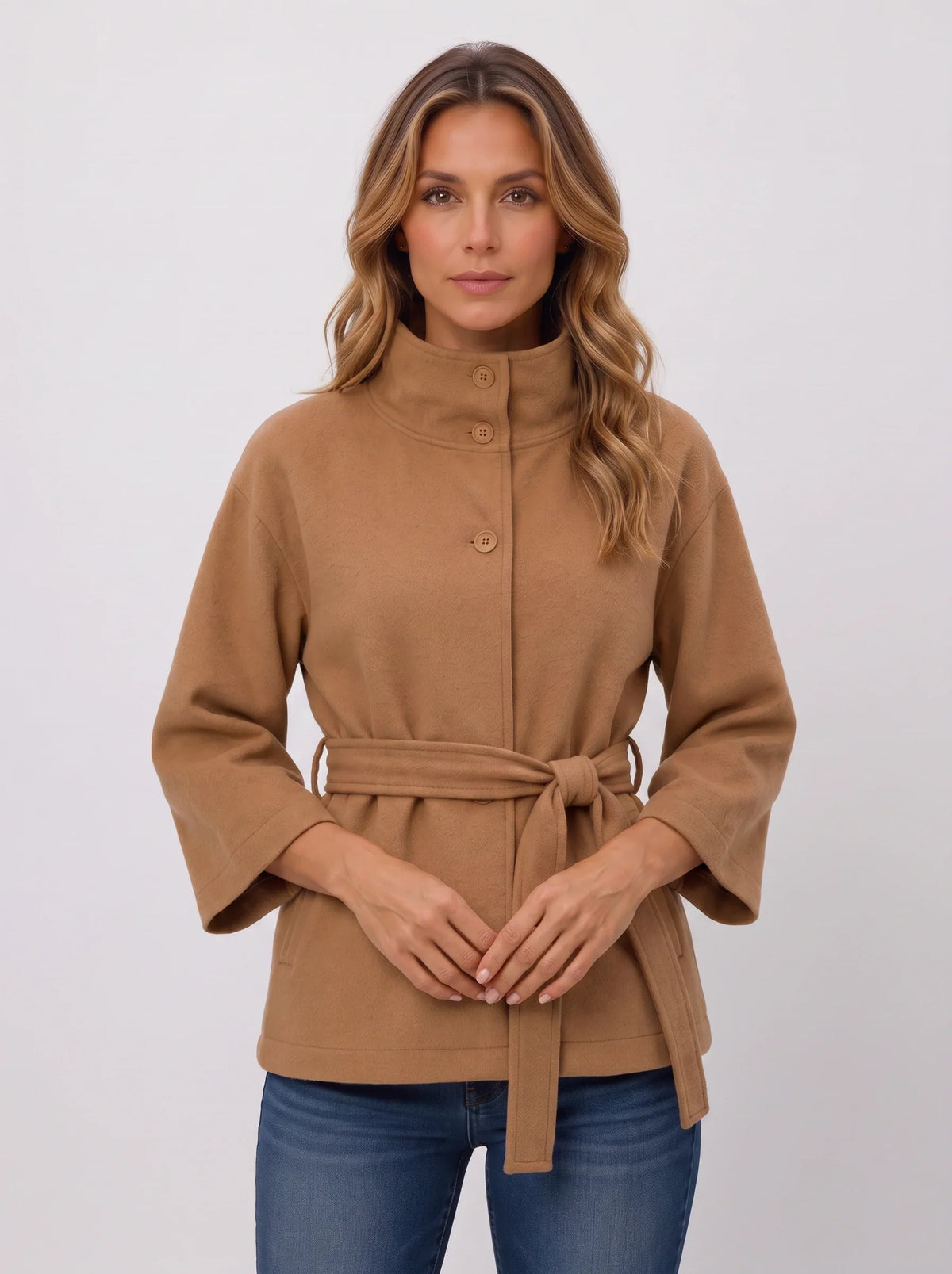 Women's Funnel Neck Belted Cape Jacket-Solatiq