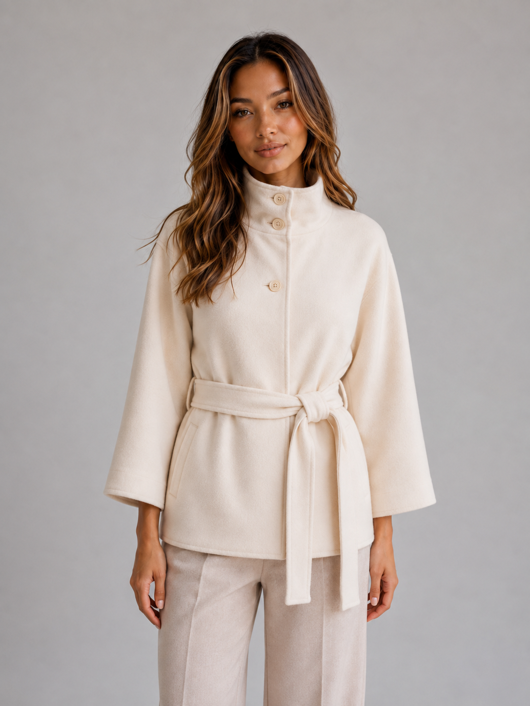 Women's Funnel Neck Belted Cape Jacket-Solatiq