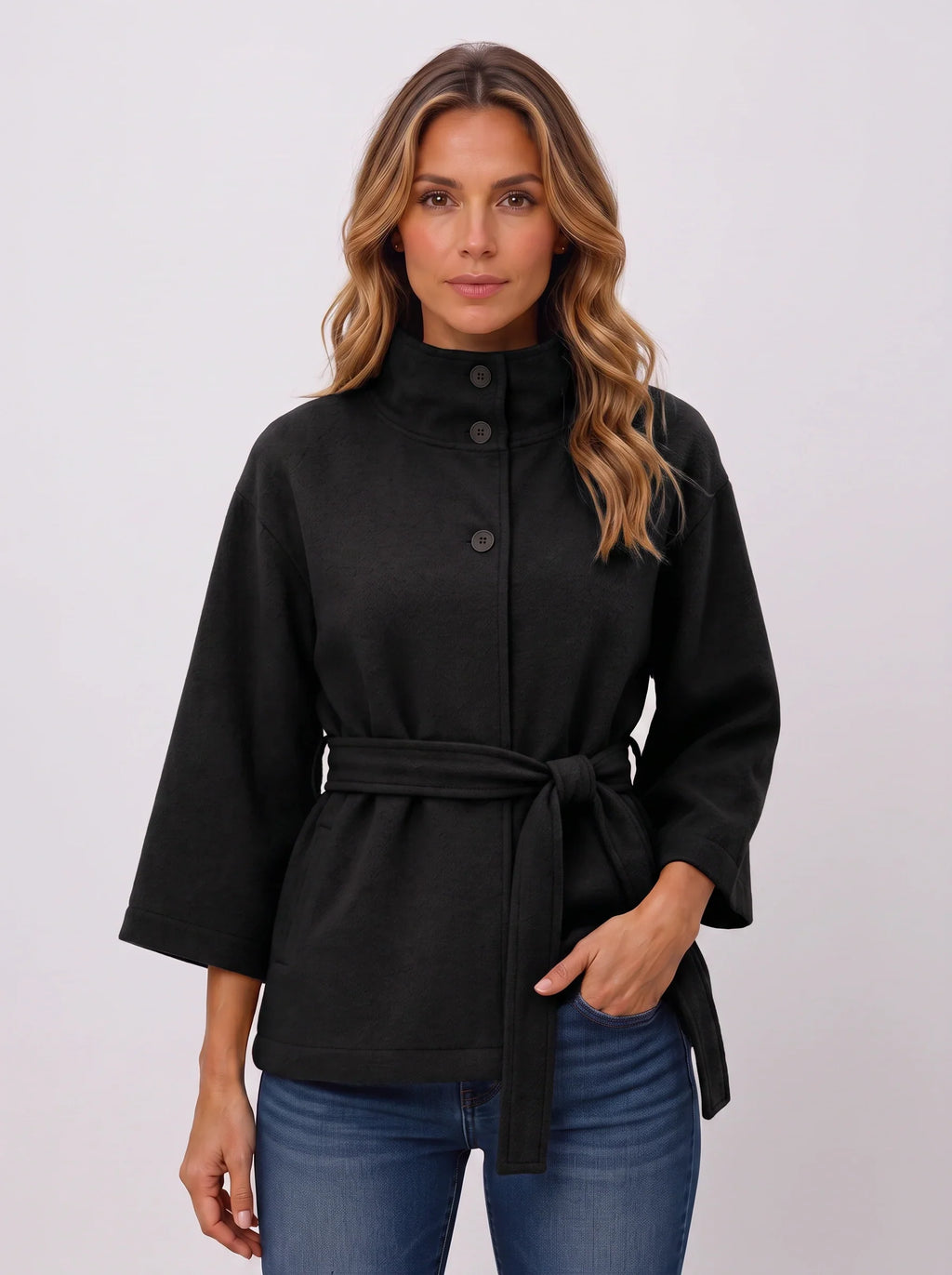 Women's Funnel Neck Belted Cape Jacket-Solatiq