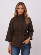 Women's Funnel Neck Belted Cape Jacket-Solatiq