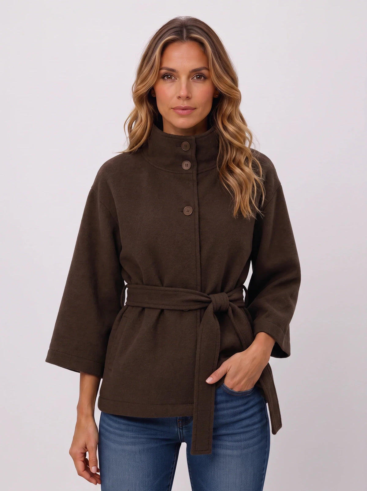 Women's Funnel Neck Belted Cape Jacket-Solatiq