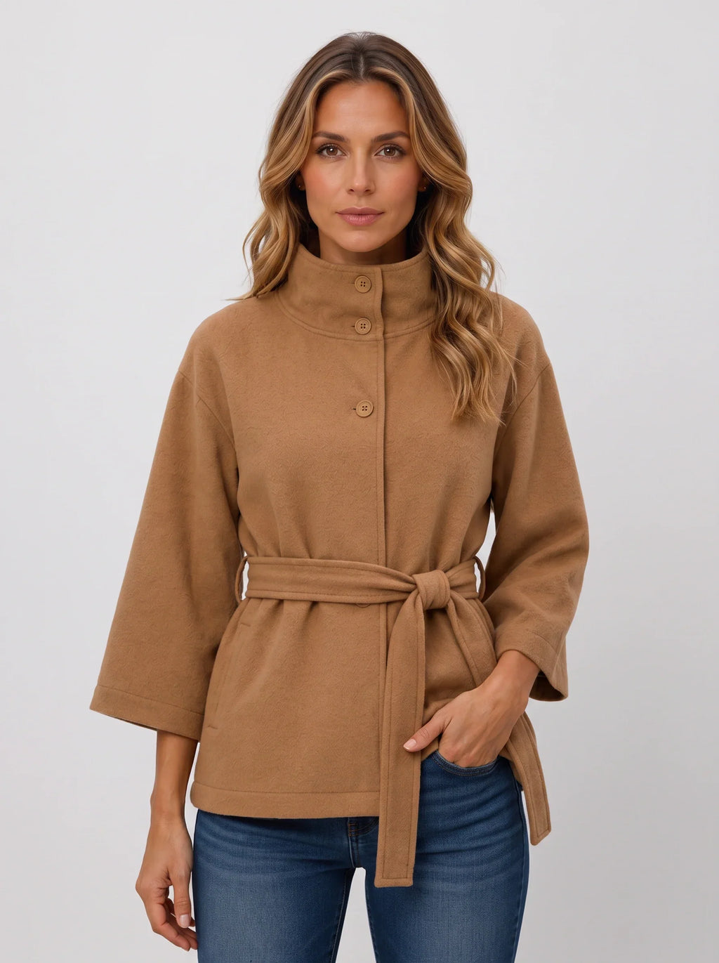 Women's Funnel Neck Belted Cape Jacket-Solatiq