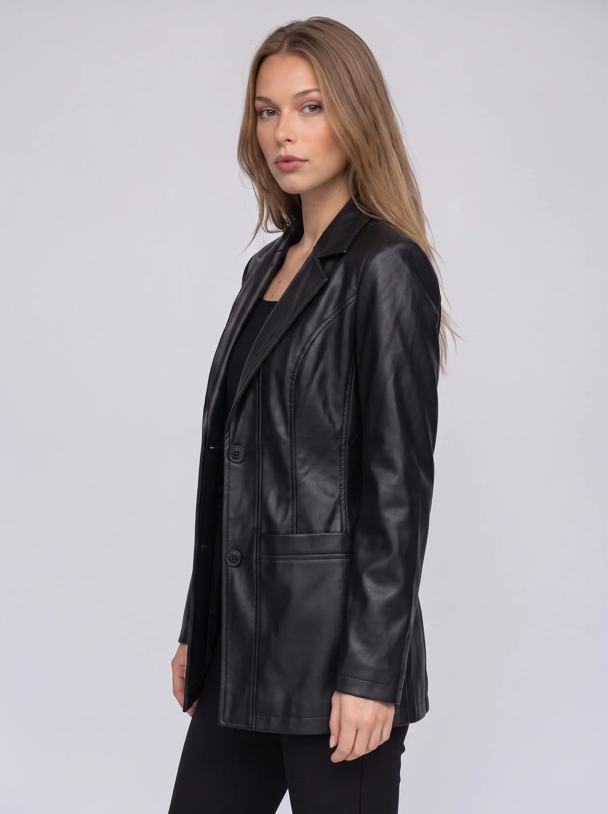 Women's Longline Faux Leather Blazer-Solatiq