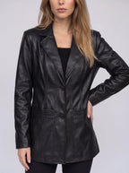 Women's Longline Faux Leather Blazer-Solatiq
