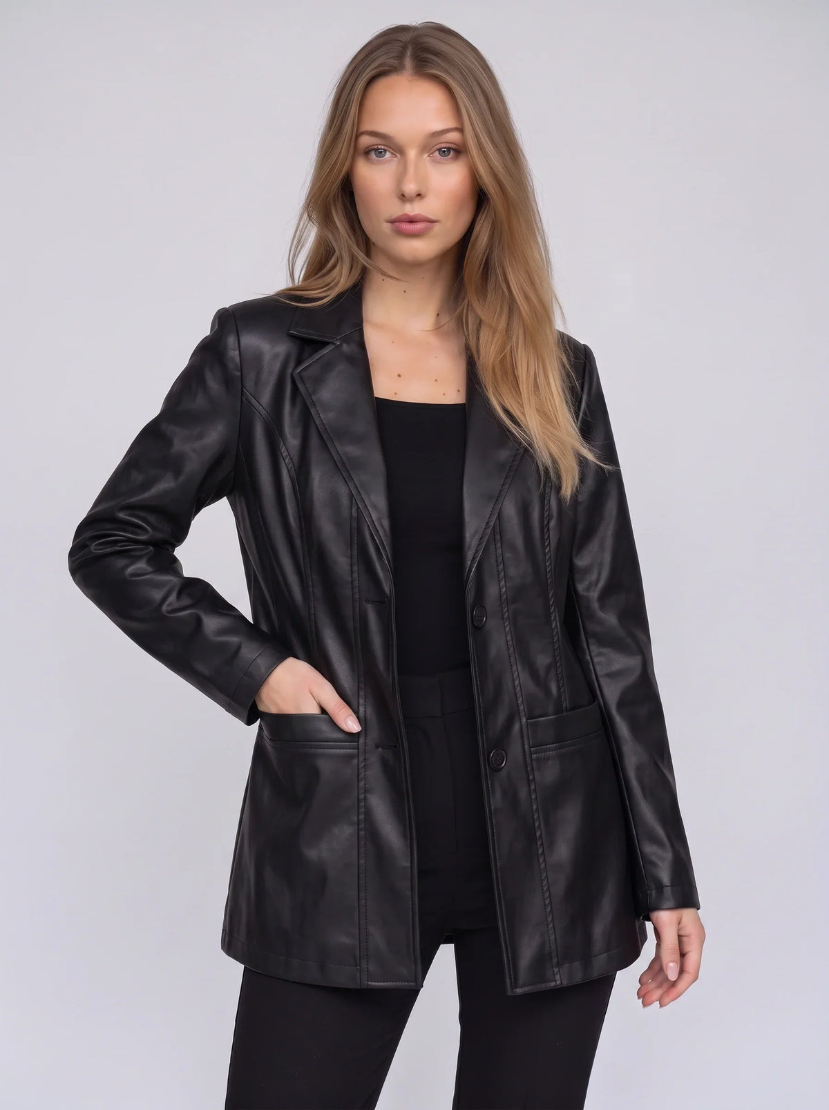 Women's Longline Faux Leather Blazer-Solatiq