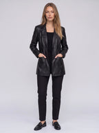 Women's Longline Faux Leather Blazer-Solatiq