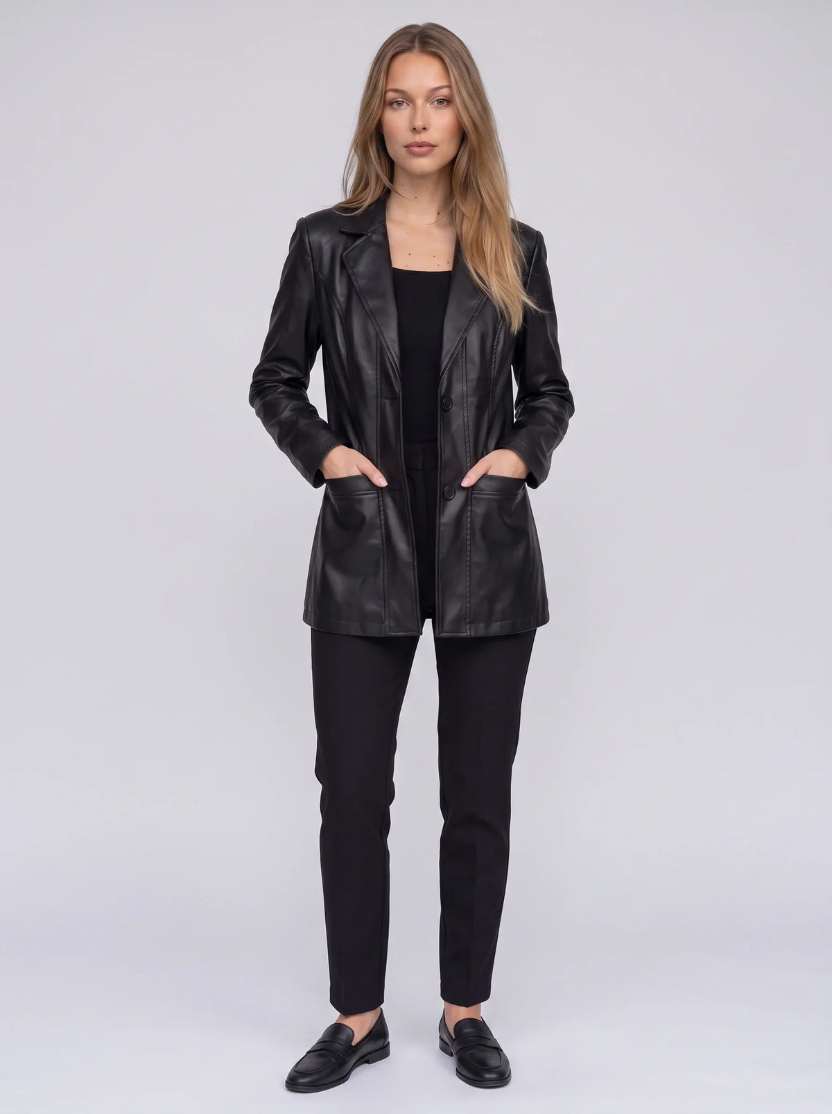 Women's Longline Faux Leather Blazer-Solatiq