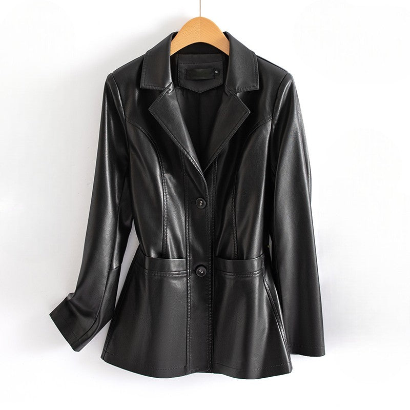 Women's Longline Faux Leather Blazer-Solatiq