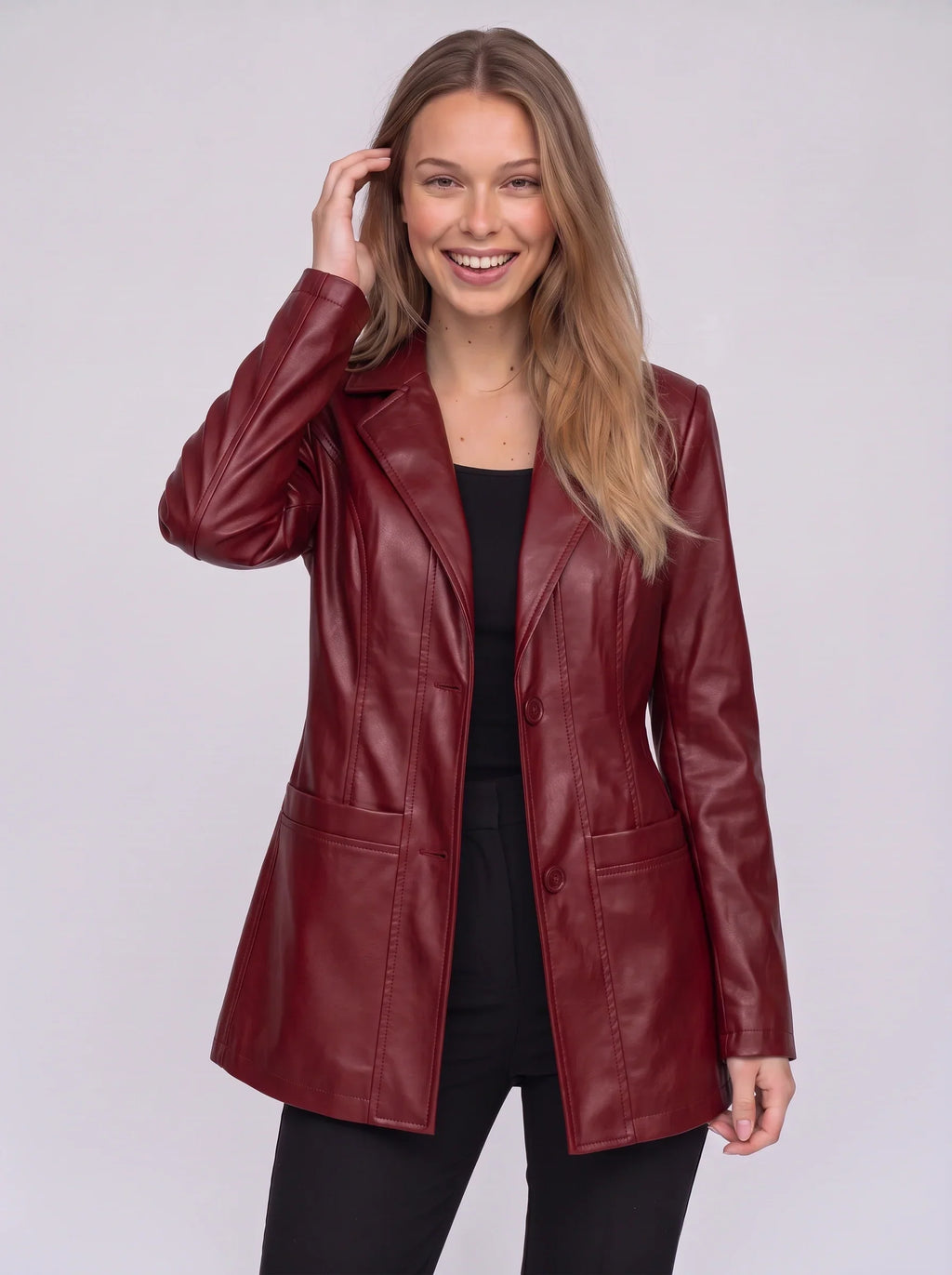 Women's Longline Faux Leather Blazer-Solatiq