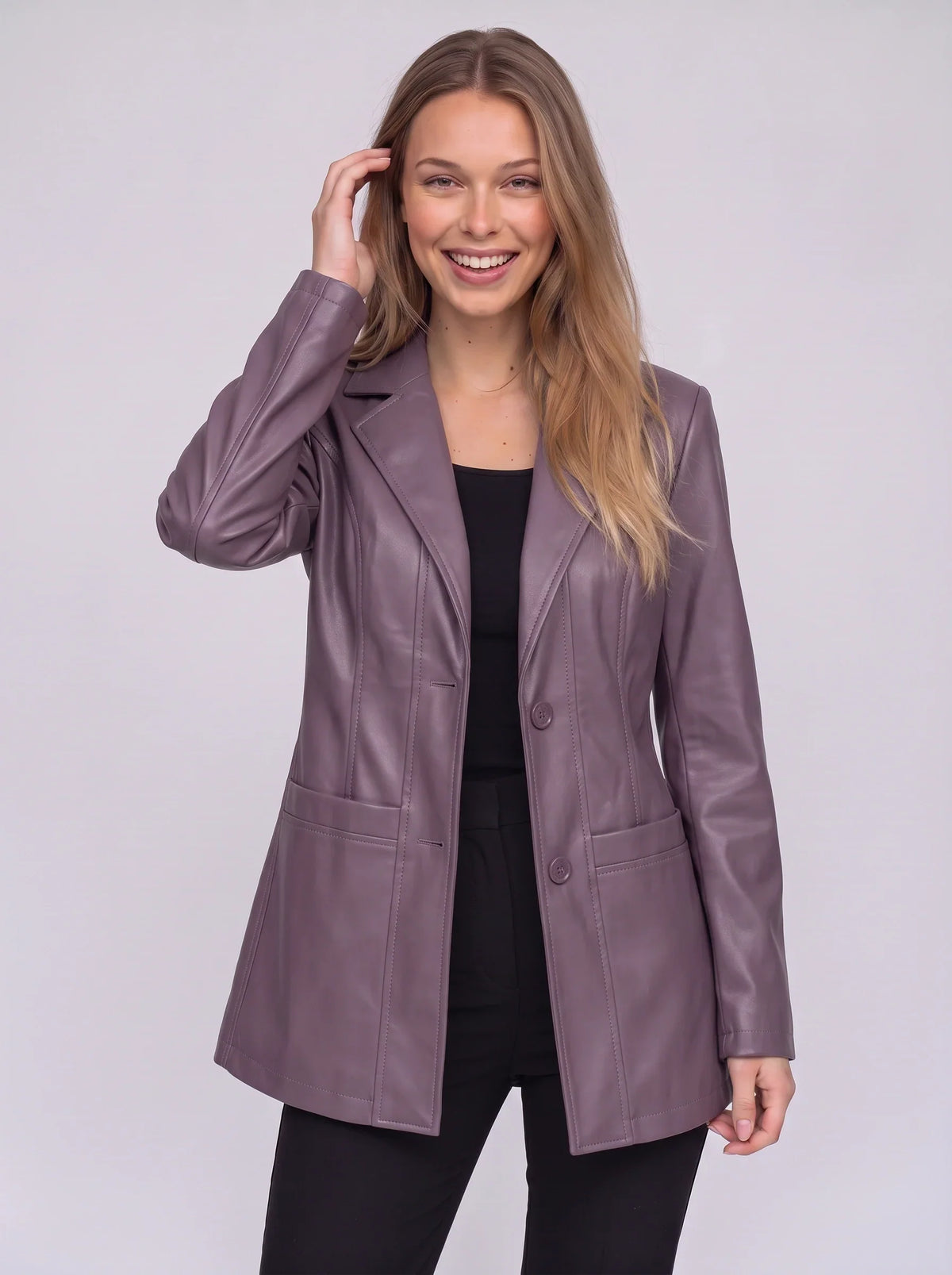 Women's Longline Faux Leather Blazer-Solatiq