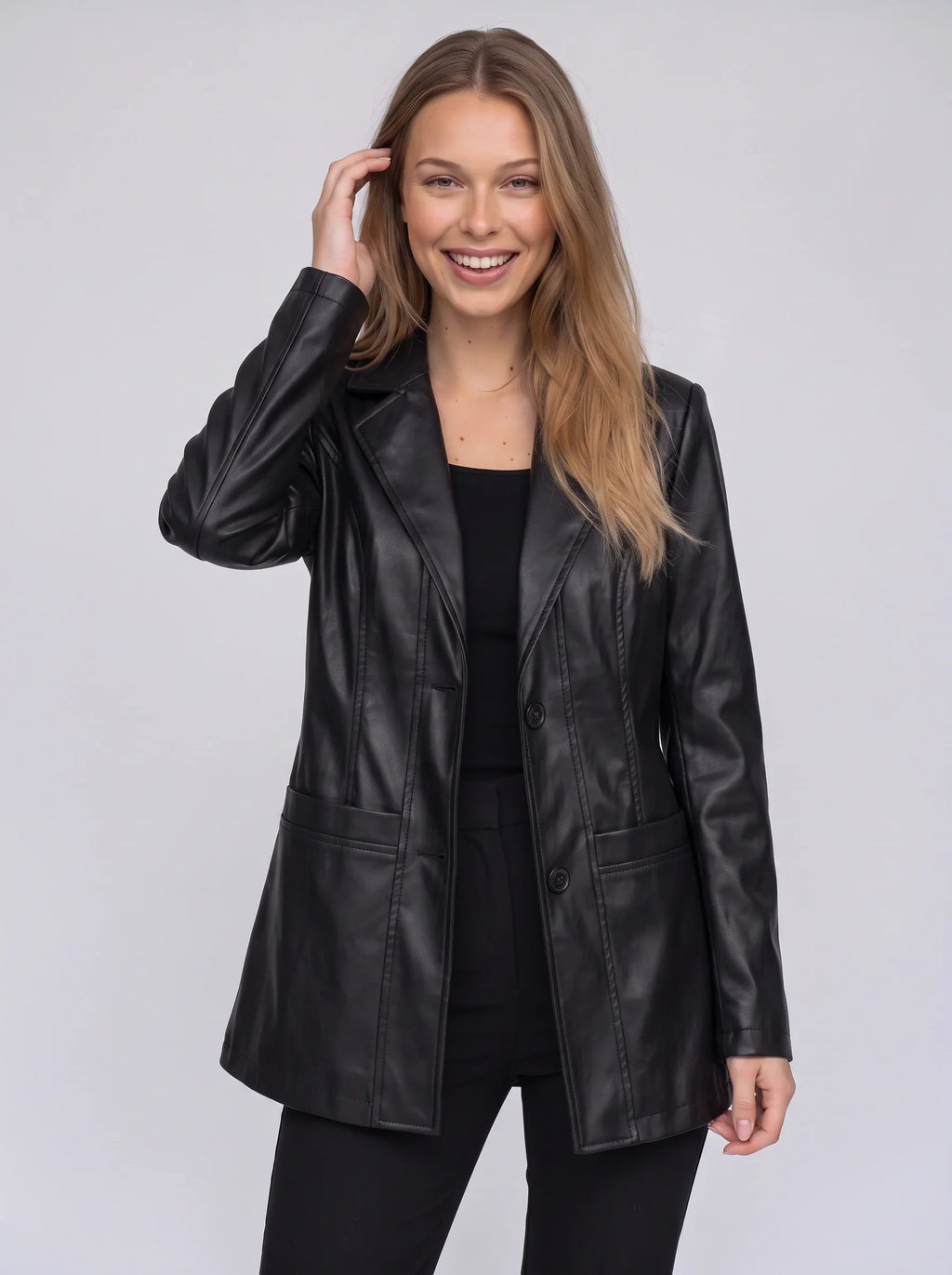 Women's Longline Faux Leather Blazer-Solatiq