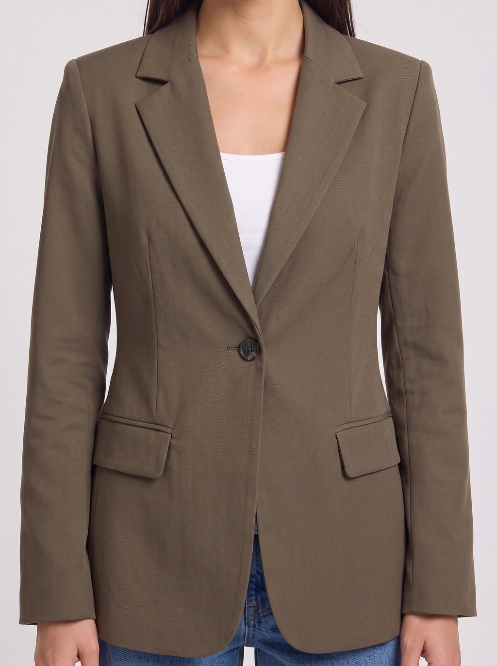 Women's Olive Green Single-Button Tailored Longline Blazer-Solatiq