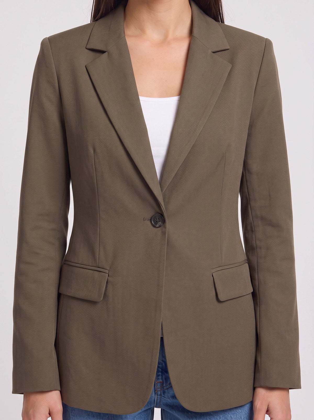 Women's Olive Green Single-Button Tailored Longline Blazer-Solatiq