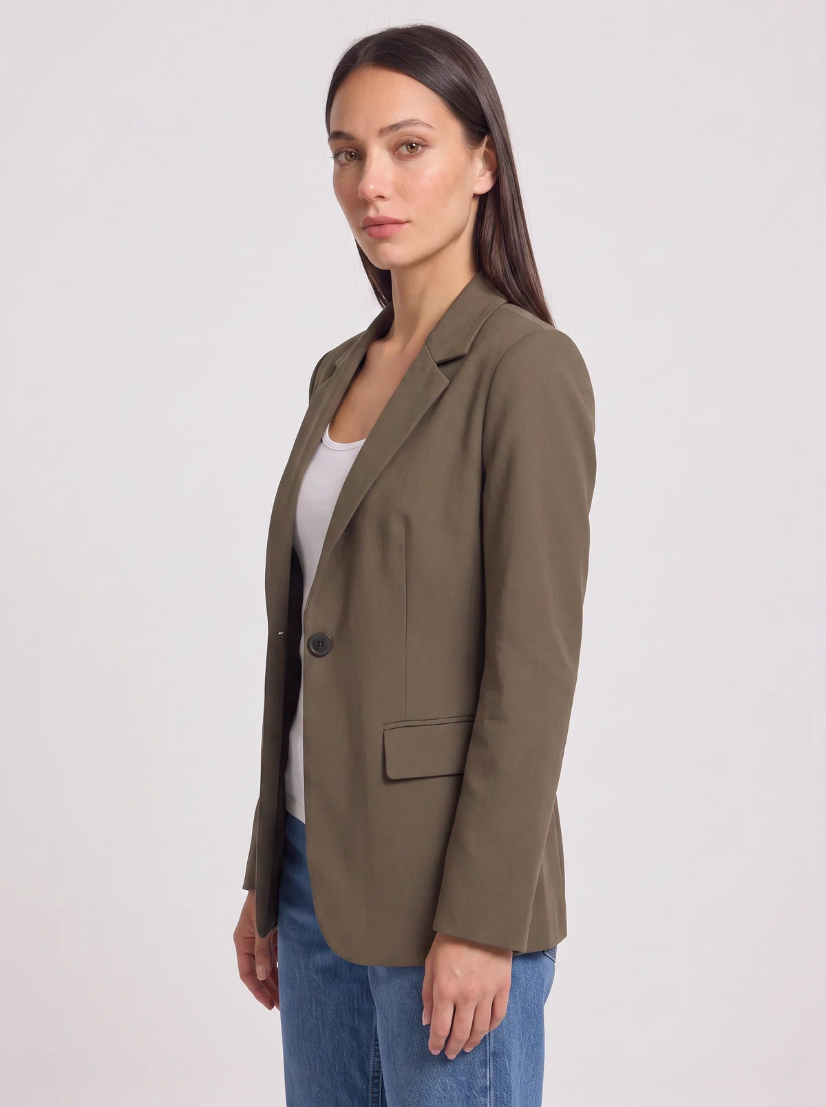 Women's Olive Green Single-Button Tailored Longline Blazer-Solatiq