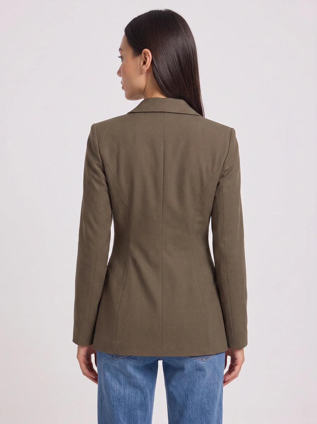 Women's Olive Green Single-Button Tailored Longline Blazer-Solatiq