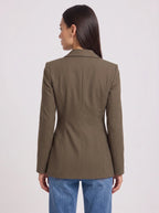 Women's Olive Green Single-Button Tailored Longline Blazer-Solatiq