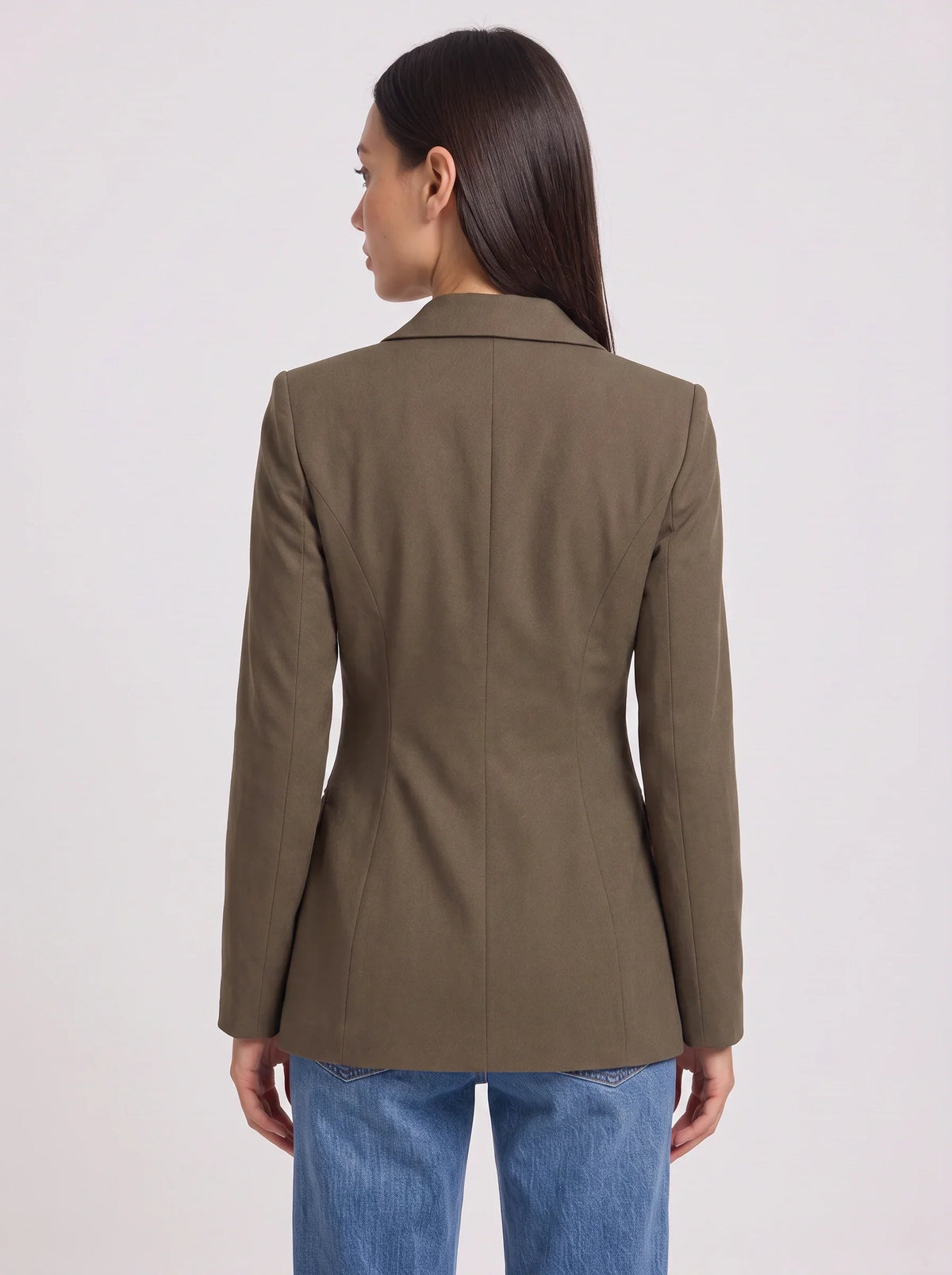 Women's Olive Green Single-Button Tailored Longline Blazer-Solatiq