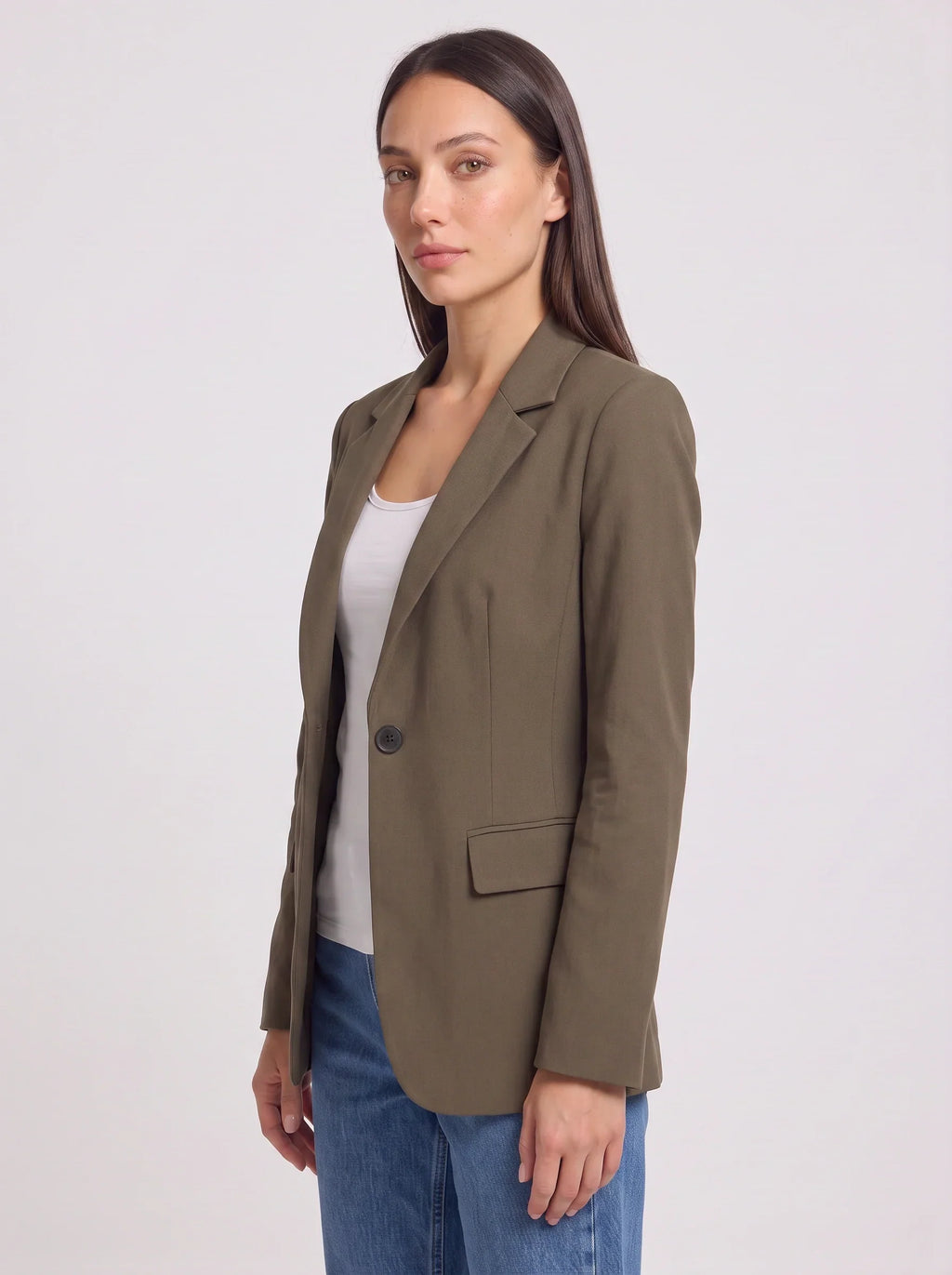 Women's Olive Green Single-Button Tailored Longline Blazer-Solatiq