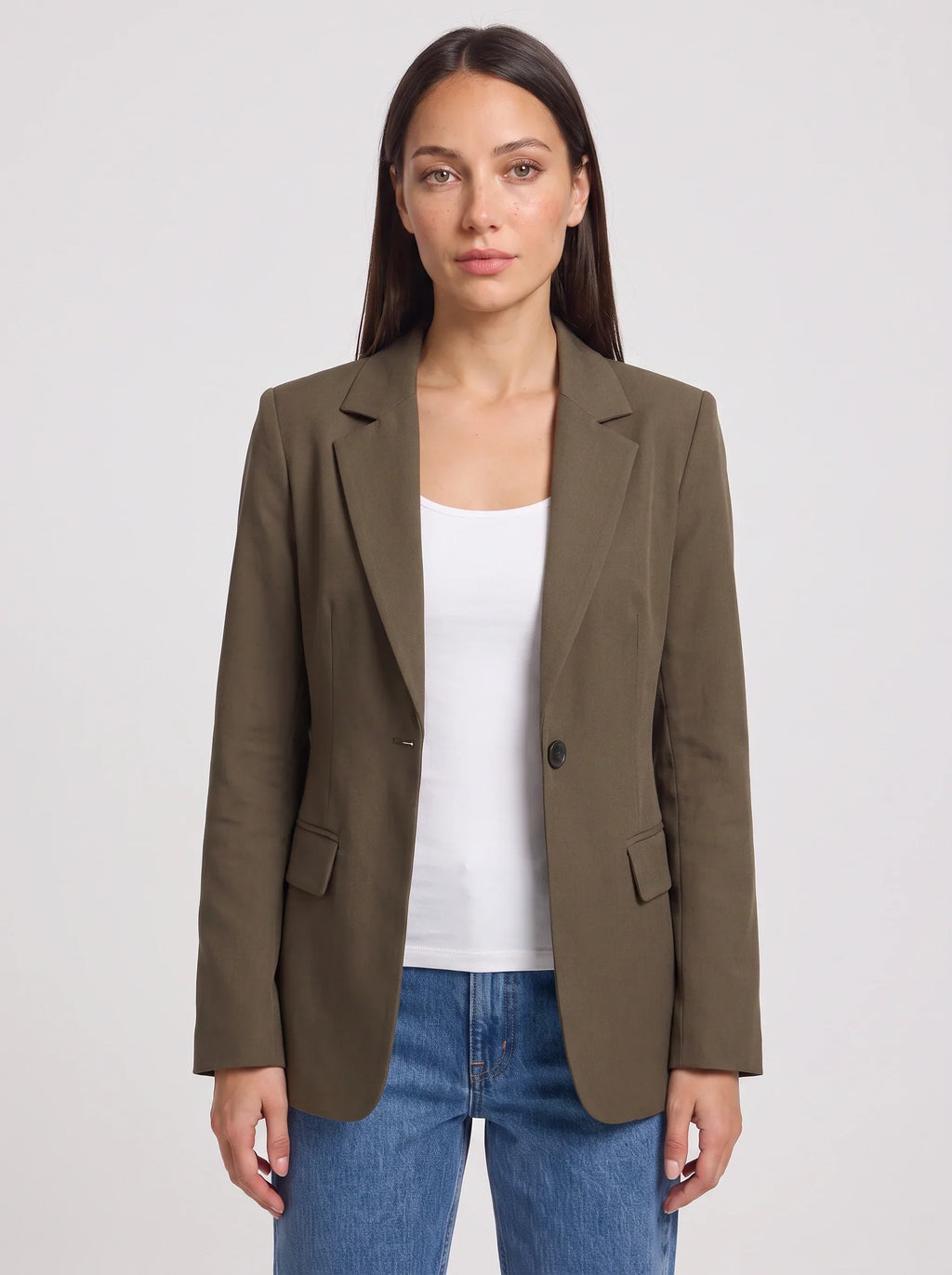 Women's Olive Green Single-Button Tailored Longline Blazer-Solatiq