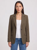 Women's Olive Green Single-Button Tailored Longline Blazer-Solatiq