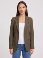 Women's Olive Green Single-Button Tailored Longline Blazer-Solatiq