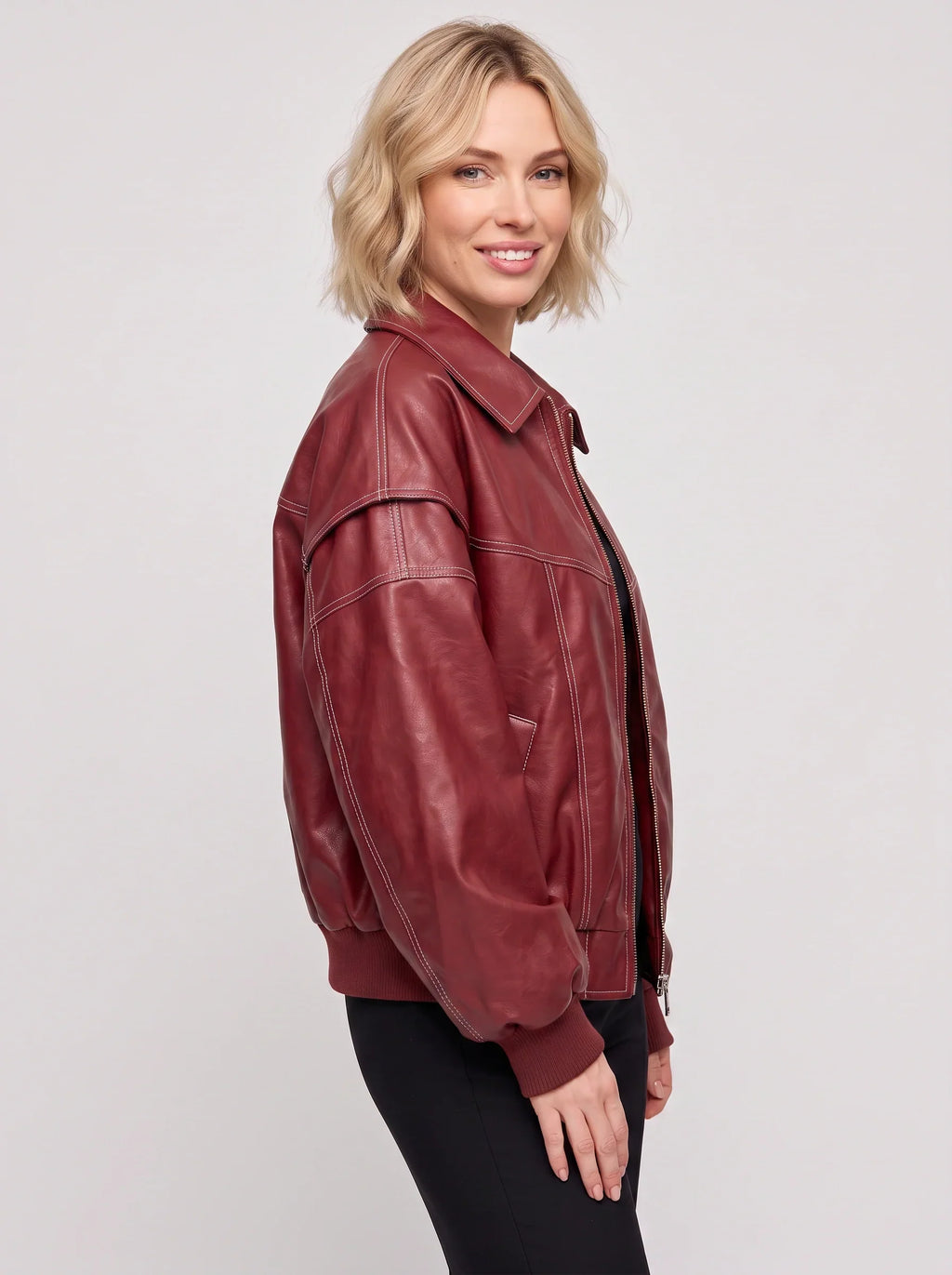 Women's Oversized Leather Bomber Jacket – Casual Winter Outerwear-Solatiq