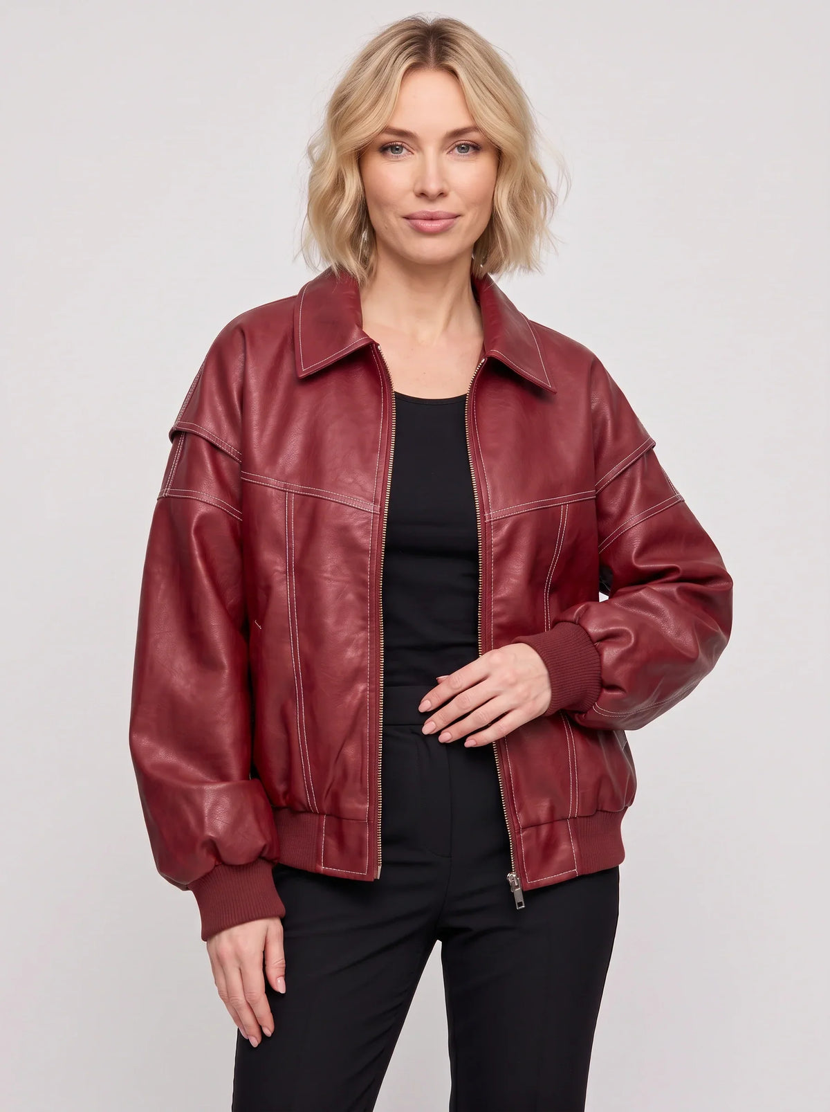 Women's Oversized Leather Bomber Jacket – Casual Winter Outerwear-Solatiq