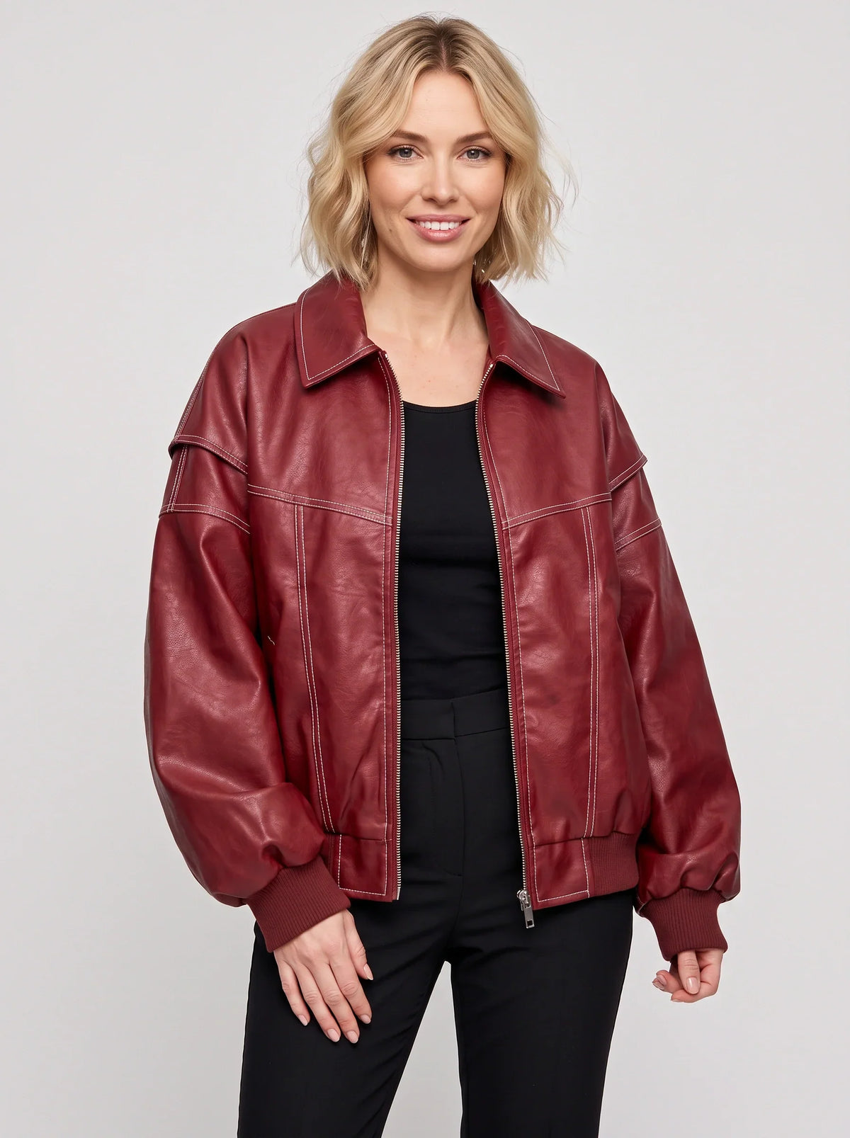 Women's Oversized Leather Bomber Jacket – Casual Winter Outerwear-Solatiq