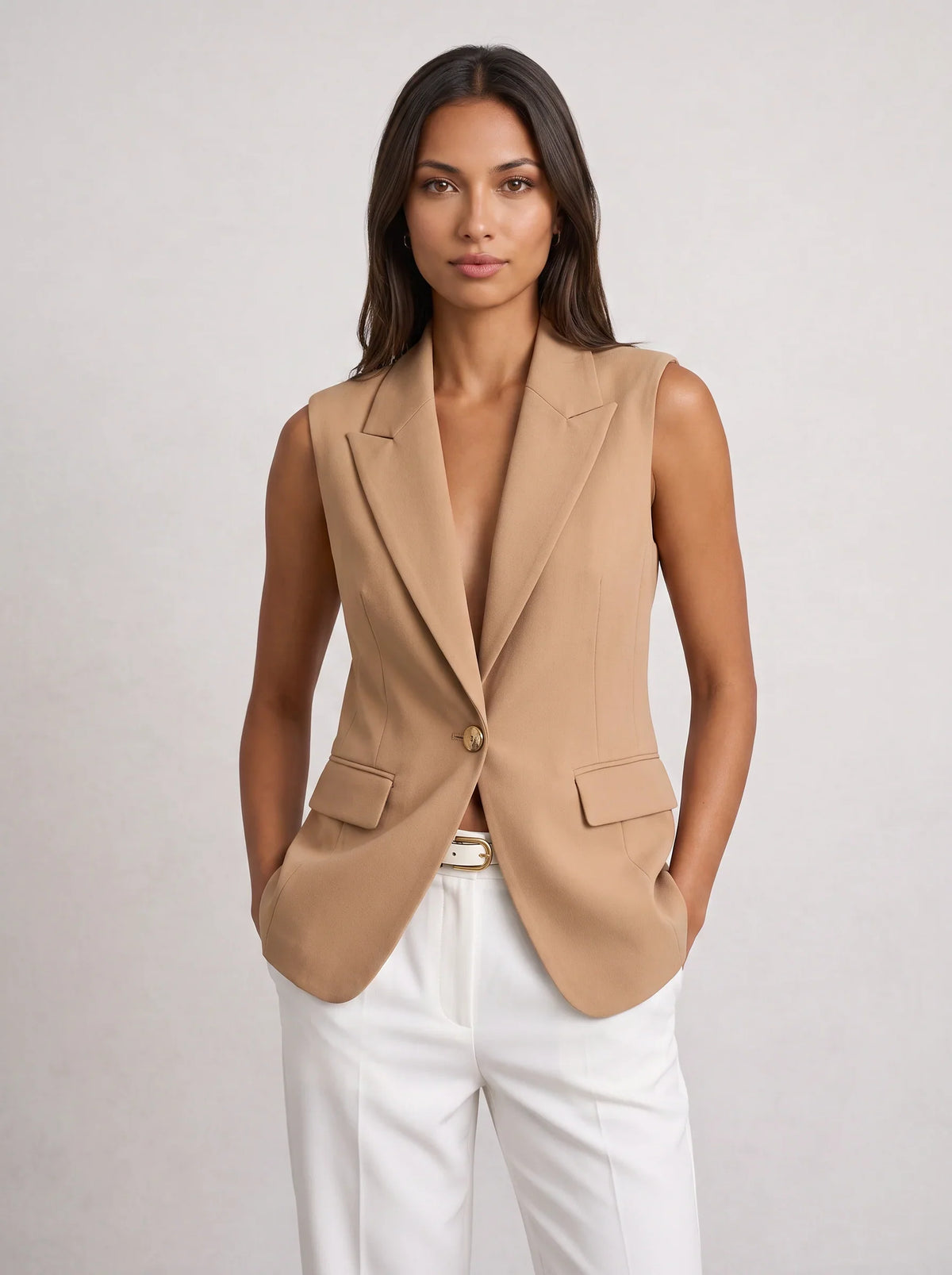 Women's Sleeveless Notch Collar Tailored Office Summer Blazer-Solatiq