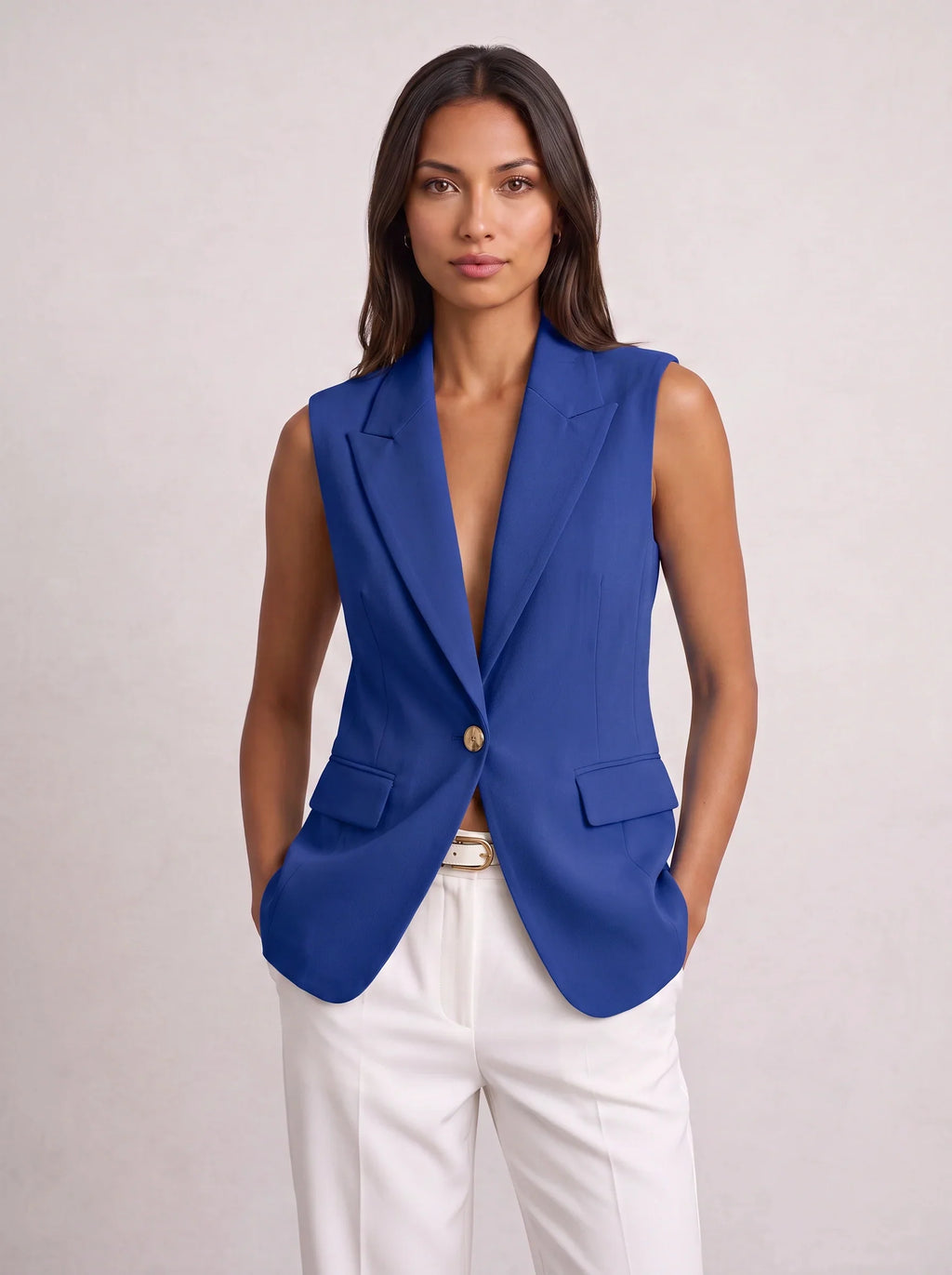 Women's Sleeveless Notch Collar Tailored Office Summer Blazer-Solatiq