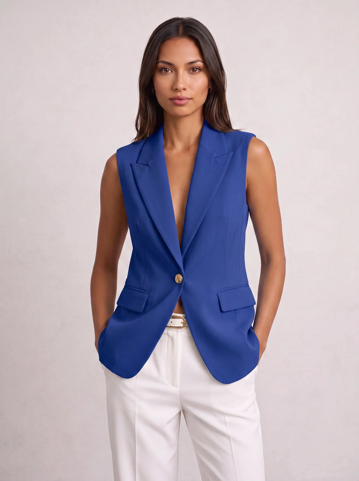 Women's Sleeveless Notch Collar Tailored Office Summer Blazer-Solatiq